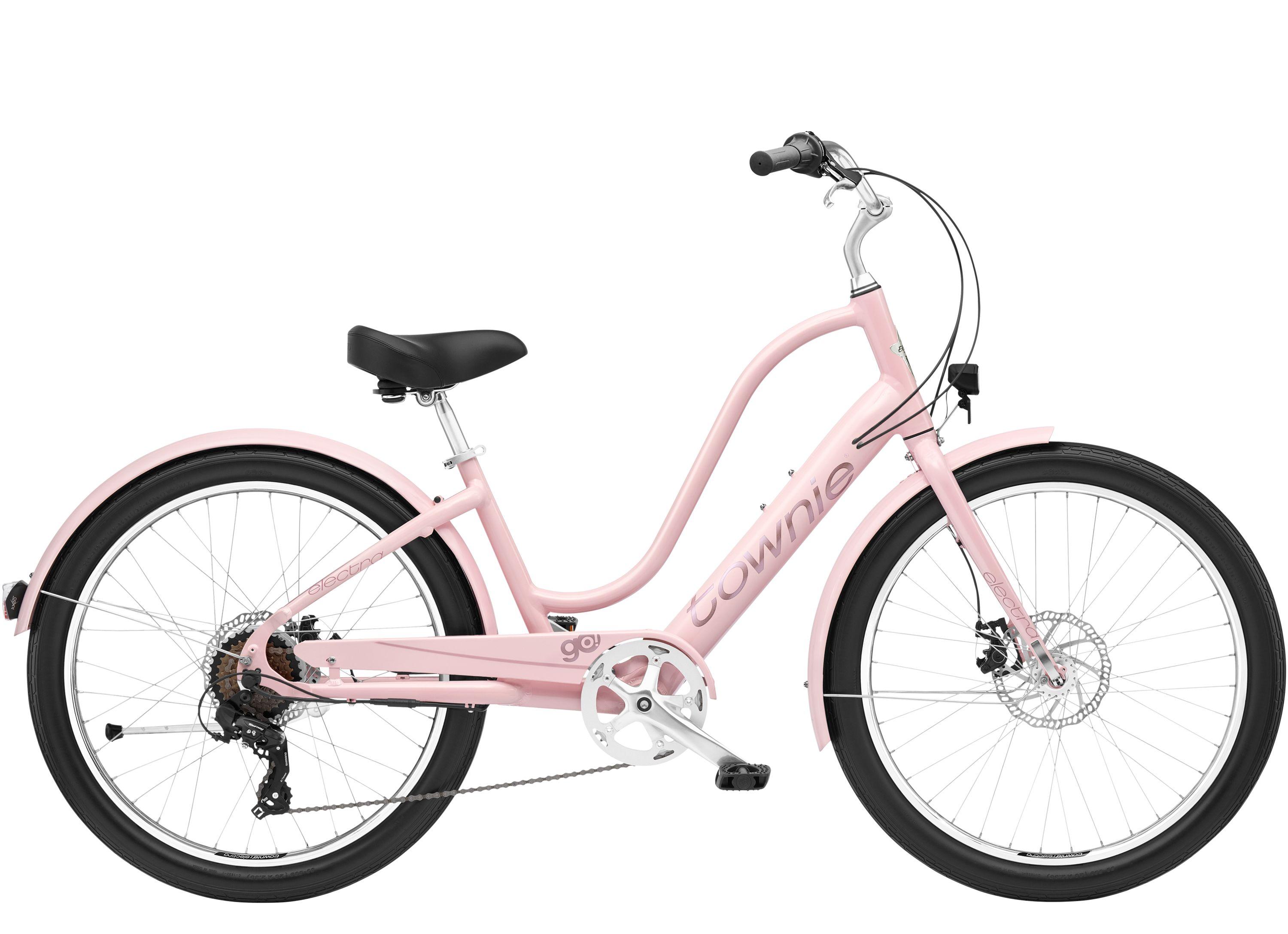 Soft-pink Electra Townie Go! 7D EQ Step-Thru electric bicycle