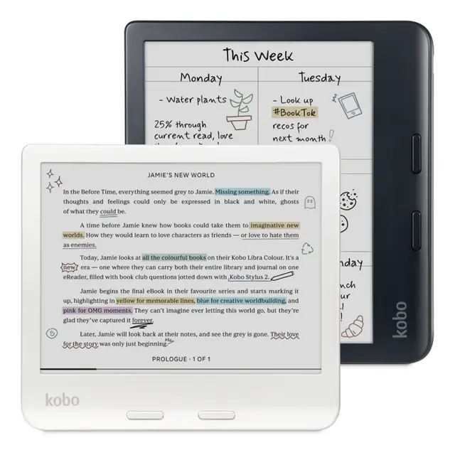 Black and white Kobo Libra Colour eReaders shown from the front
